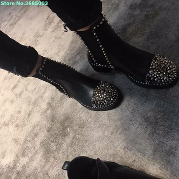 Nit De Metal Decor Aluneca Pe Cizme Jumătatea Vițel Rotund Deget De La Picior Toc Mic Pentru Femei La Modă De Primăvară Autume Rochie De Petrecere, Ghete Pantofi Negru