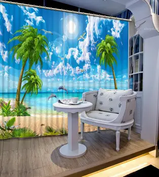 Dimensiune particularizată Living, Perdele dormitor Beach view 3D Cortina de Imprimare Foto Draperii Decor acasă
