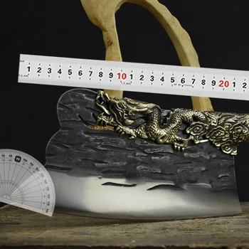 Longquan Cutit Handmade Din Oțel Forjat Bucătărie Securea Cuțit De Cupru Dragon Decor 8.5 Inch Sharp Cotlet De Cuțit Frumos Cu Modele