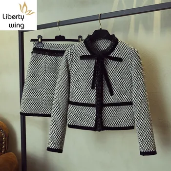 Designer De Femei Arc Carouri Maneca Lunga Jachetă Mini Fusta Două Bucata Set Primavara Toamna Elegant Streetwear Tweed Fuste Costum