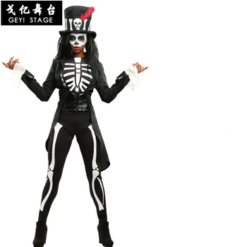Expertul Groază Voodoo Craniu Costum Femei Bărbați Haina Salopeta Halat De Preot Vrăjitoare Rochie De Schelet Zombie Halloween Purim Petrecere De Lux