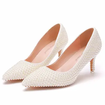 Pearl nunta pantofi bej ascuțite singur pantofii bine toc ascutit de mari dimensiuni pantofi nunta, pantofi