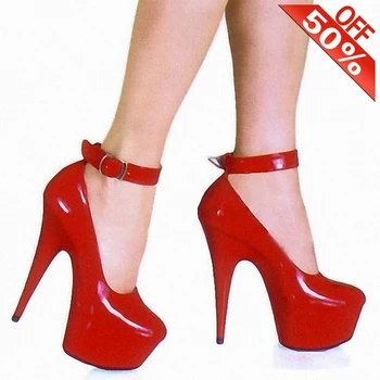 Piele lăcuită Roșu Superficial Rotund Toe Catarama Curelei Pompe de 15CM Mare Stripteuză Pantofi cu Toc Gros, Platforma de 6 Cm Sexy Show Fetish