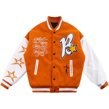 Retro Streetwear Broderie Stele Baseball Jacket Mens Gros De Iarna Cald Mozaic Din Piele Casual Cu Maneci Varsity Jachete Unisex