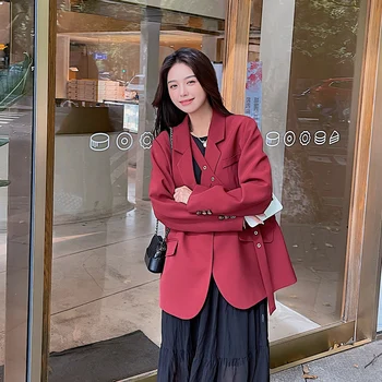 Sacouri femei de Primavara Toamna Dublu Rânduri de Îmbinare Panglica Slim Casual Vin roșu Sacou Costum Lady Elegant coreean Blazer Coat W26