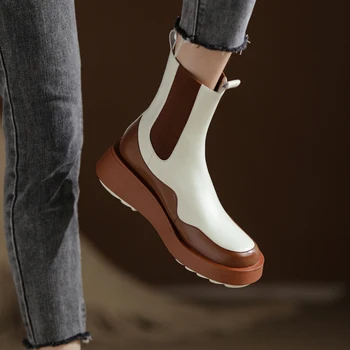2021 Femei Cizme din Piele Slip-On de Iarnă Rotund Deget de la picior Toc Plat Glezna Cizme pentru Femei Pantofi zapatos de mujer cizme albe