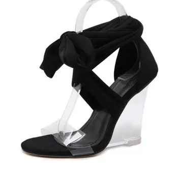 Vogue Sexy Femei Pantofi Peep Toe din PVC Transparent Pene Toc Sandale cu Toc Gladiator Cruce Curea Dantelă-Up Pompe