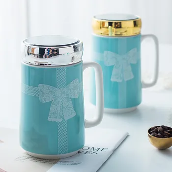 Ceramice, Cani de Ceai de Creatie Cu capac mic Dejun Lapte Cupa Drinkware Bucătărie, Ustensile de Baut Cadouri de Nunta Dantela Albastru Tip de Arc