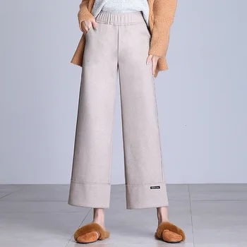 Pantaloni Largi Pentru Femei De Înaltă Talie Elastic 2020 Toamna Iarna Cald Culoare Solidă Lână Elegant Doamnă Birou De Lână Pantaloni Plus Dimensiune