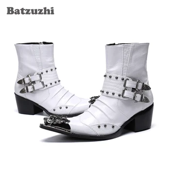 Batzuzhi Rock Barbati frumosi Cizme Pantofi a Subliniat Deget de Metal 6.5 cm Toc din Piele Glezna Cizme pentru Bărbați Alb Motocicleta botas hombre