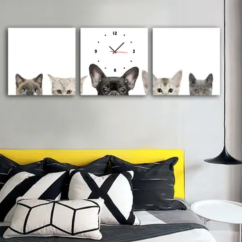 MINI DIMENSIUNE de Arta de Imprimare Pisici Și Câini Ceas în 3pcs Panza ceas de perete