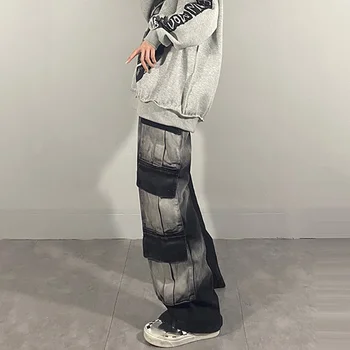 BRIDGEWATER Streetwear Culoare de Contrast Blugi Femei Primavara 2021 Noi Elastic Talie Mare Buzunar Multi Largi Picior Denim Pantaloni de Marfă