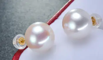 Bun fermecătoare pereche din10-11mm rundă de sud mare alb perla cercei 18k