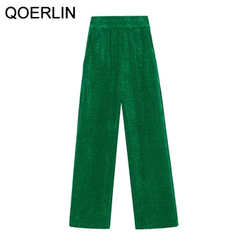 QOERLIN Chenille Verde Pantaloni Femei Toamna Iarna 2021 Noi Jacquard cu Dungi Pantaloni Largi Picior Îngroșat Casual Decora Pantaloni Trend
