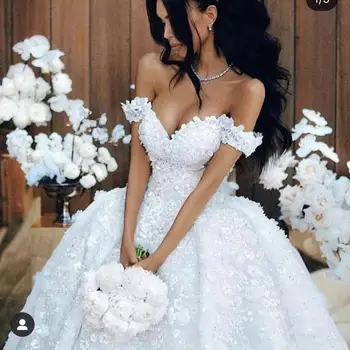 Rochie de bal rochii de mireasa 2020 pe umăr decolteu sweetheart dantelă flori rochie de minge pufos de mireasa rochii de mireasa dantela