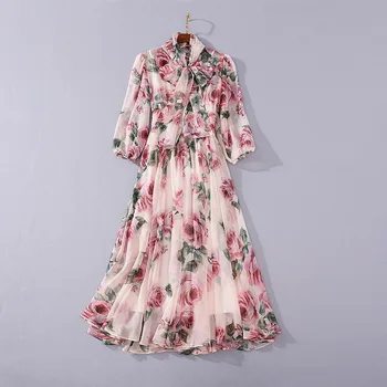 Europene și Americane de îmbrăcăminte pentru femei de iarnă 2022 noi maneca Trei sferturi guler de arc Rose imprimate rochie de Moda