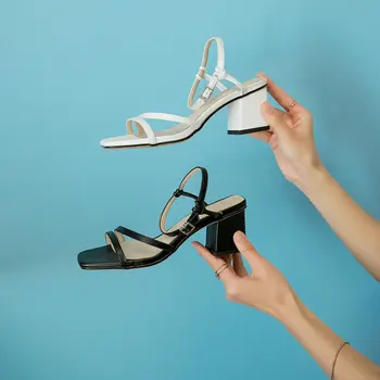 ZawsThia 2020 deget de la picior pătrat bloc toc pompe alb negru glezna curea cruce sexy si damele de pantofi popuplar femeie sandale marimea 33-43