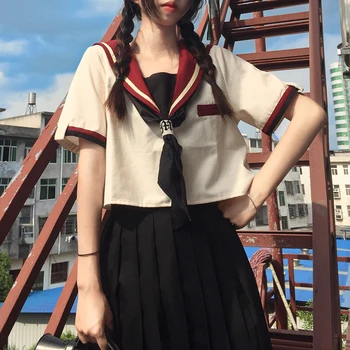 Japoneze Kawaii Moale Fata de Epocă Guler Marinar Despicare Maneca Scurta Tricou Dulce Negru Fusta Plisata Jk Uniformă Costum din Două piese
