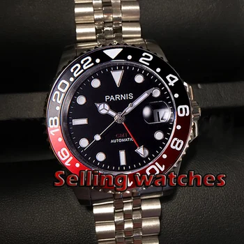40mm PARNIS cadran negru roșu/negru bezel Safir cristal data GMT automatic mens watch ceasuri Mecanice