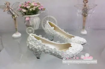 Plus dimensiuni lucrate manual, dantelă pantofi de nunta pentru femei TG316 lumina fildeș med ridicat scăzut tocuri de pantofi de mireasa perle de flori mirese pantofi