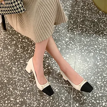 ANNYMOLI Square Toe Pompe de Femei Perla Real din Piele Pantofi cu Toc de Metal Decor Rochie de Încălțăminte Doamna Tocuri Indesata Pantofi 2021
