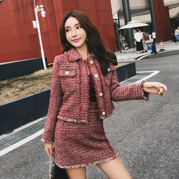 Coreea 2021 Noua Moda Toamna Iarna Femei Complet Maneca Singur Pieptul Haina De Tweed Butonul Ciucure Mini Fusta Două Bucata Fusta Seturi