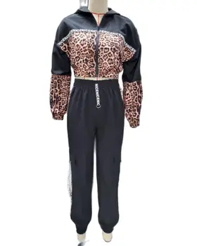 Toamna Femei 2 Piese Leopard Print Zip Front Hooded Top Și Pantaloni Set 2021 Femme Set De Trening Doamna Sportiv De Îmbrăcăminte