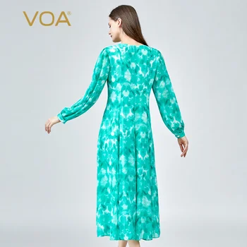 VOA Boem Smarald Tie Dye Print Flounced Marginea Femei V-Gât Rochie de Primavara cu Maneci Lungi de Moda Rochii de Vacanță Femei AE1251