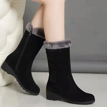 Femei Pantofi De Iarna 2021 Noua Femeie Plus Catifea De Bumbac Gros Cald Pană Toc Negru De Moda De La Jumătatea Vițel Cizme De Zapada Botas De Mujer